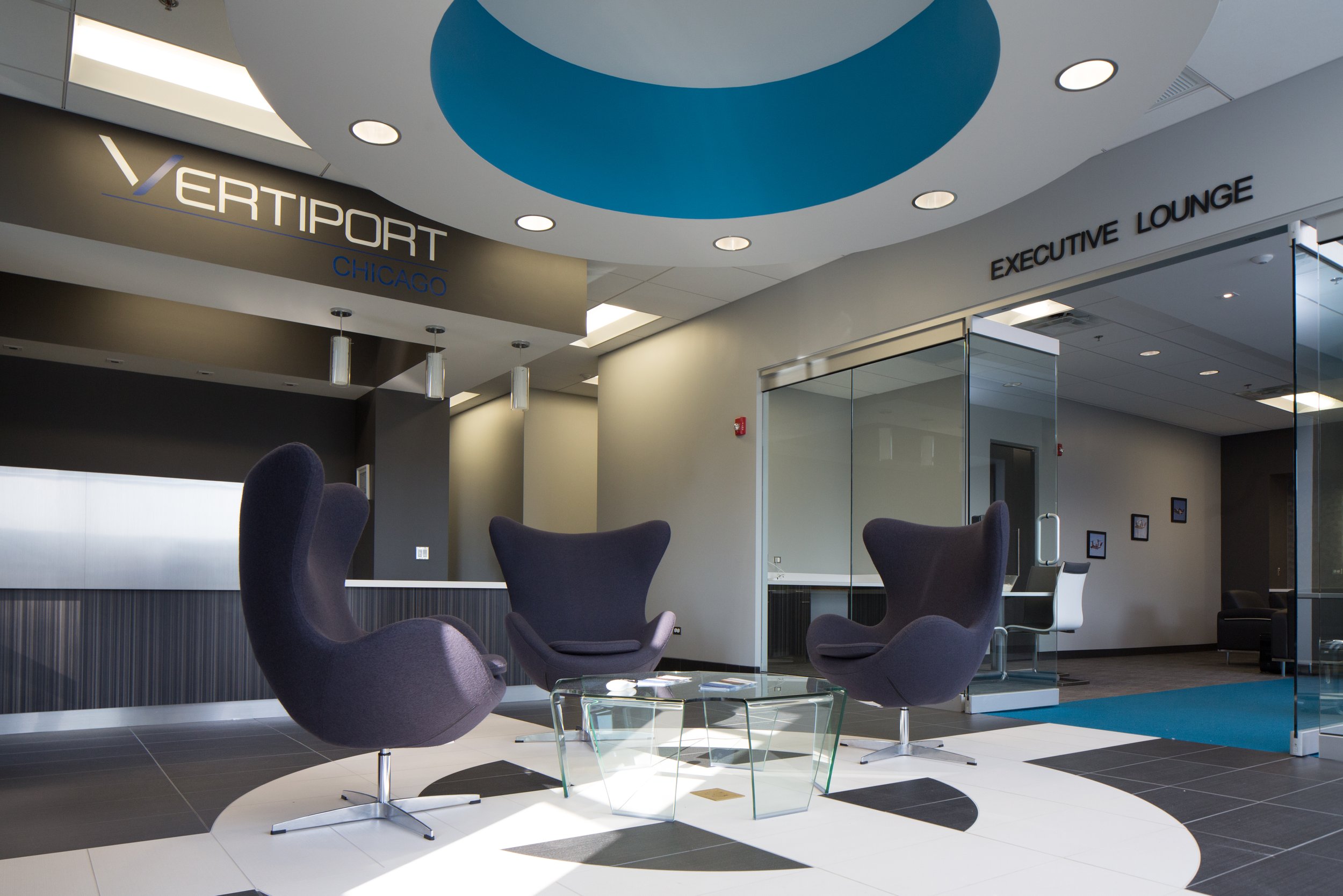 Executive lounge interior at Vertiport Chicago